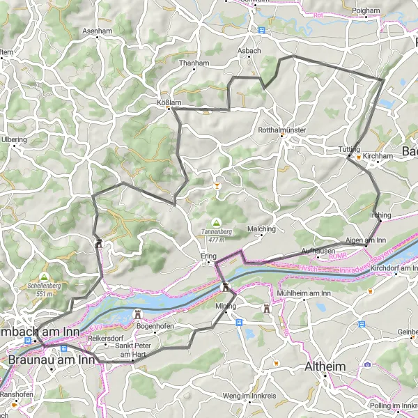 Karten-Miniaturansicht der Radinspiration "Innviertel Meisterstück" in Niederbayern, Germany. Erstellt vom Tarmacs.app-Routenplaner für Radtouren