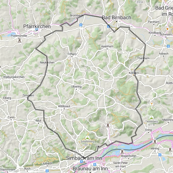 Map miniature of "Simbach am Inn Loop" cycling inspiration in Niederbayern, Germany. Generated by Tarmacs.app cycling route planner