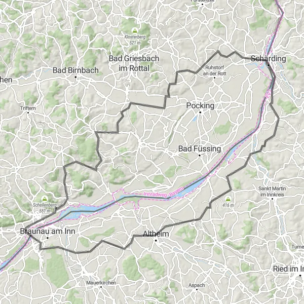 Map miniature of "Simbach am Inn - Stubenberg - Kößlarn - Tettenweis - Schärding - Antiesenhofe..." cycling inspiration in Niederbayern, Germany. Generated by Tarmacs.app cycling route planner