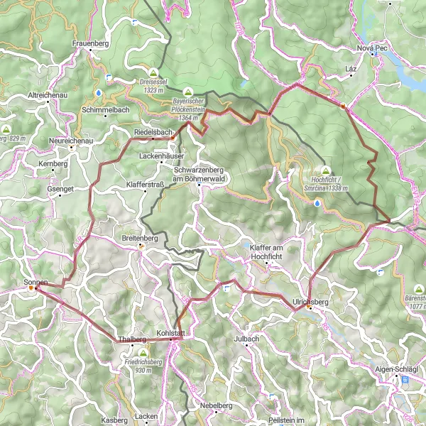 Karten-Miniaturansicht der Radinspiration "Herausforderung Böhmerwaldhöhen" in Niederbayern, Germany. Erstellt vom Tarmacs.app-Routenplaner für Radtouren