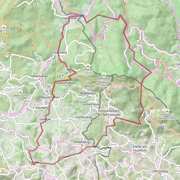 Map miniature of "Journey through the Wilderness of Niederbayern" cycling inspiration in Niederbayern, Germany. Generated by Tarmacs.app cycling route planner