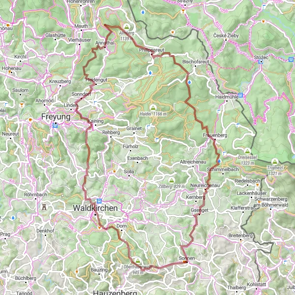 Map miniature of "Gravel Expedition Through Enchanting Wilderness" cycling inspiration in Niederbayern, Germany. Generated by Tarmacs.app cycling route planner