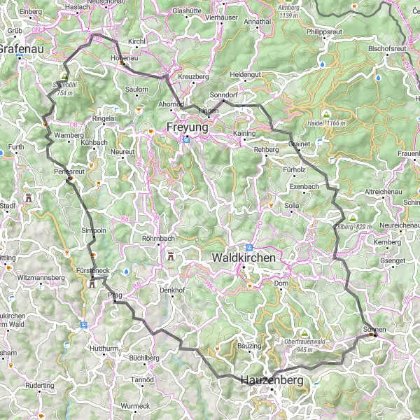 Map miniature of "The Majestic Mountain Climb" cycling inspiration in Niederbayern, Germany. Generated by Tarmacs.app cycling route planner