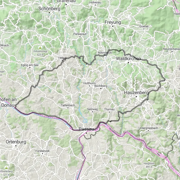 Map miniature of "Niederbayern Road Adventure" cycling inspiration in Niederbayern, Germany. Generated by Tarmacs.app cycling route planner