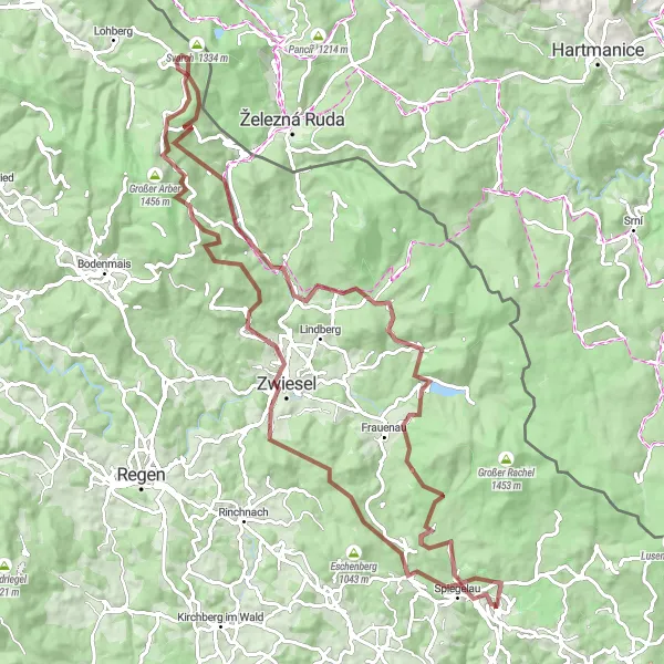 Map miniature of "Gravel Cycling Through Bavaria's Natural Wonders" cycling inspiration in Niederbayern, Germany. Generated by Tarmacs.app cycling route planner