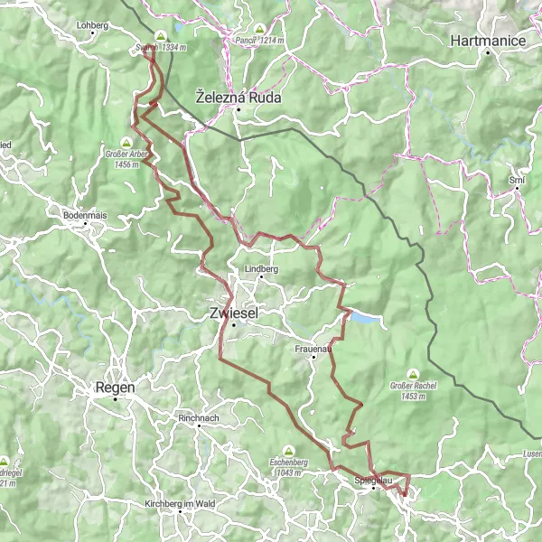 Karten-Miniaturansicht der Radinspiration "Abenteuerliches Gravelradeln um Spiegelau" in Niederbayern, Germany. Erstellt vom Tarmacs.app-Routenplaner für Radtouren