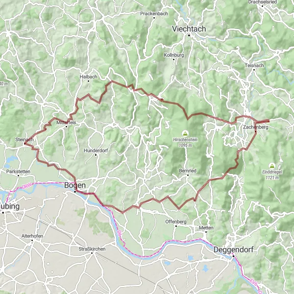 Map miniature of "Challenging Gravel Route: Mitterfels Round Trip" cycling inspiration in Niederbayern, Germany. Generated by Tarmacs.app cycling route planner
