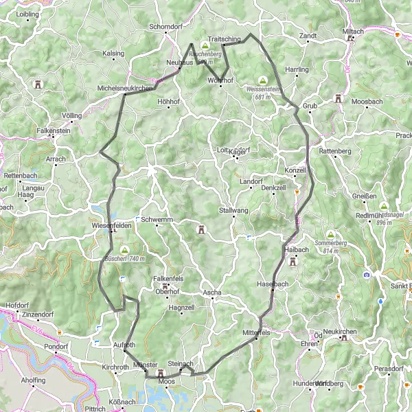 Map miniature of "Circular Road Adventure: Steinach to Teufelsfelsen" cycling inspiration in Niederbayern, Germany. Generated by Tarmacs.app cycling route planner