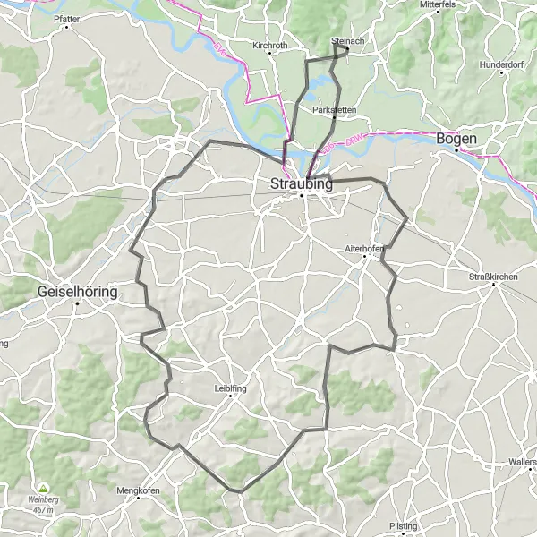 Map miniature of "Parkstetten Road Ride: Steinach to Oberschneiding" cycling inspiration in Niederbayern, Germany. Generated by Tarmacs.app cycling route planner