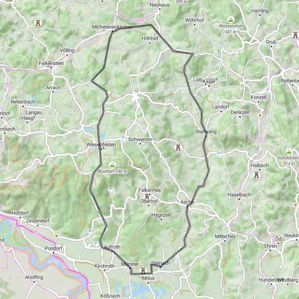 Map miniature of "Road Route: Hills and Castles" cycling inspiration in Niederbayern, Germany. Generated by Tarmacs.app cycling route planner