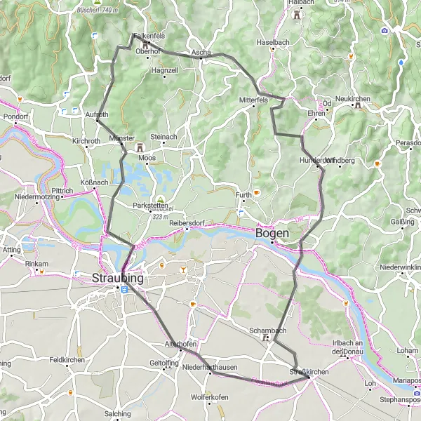 Map miniature of "The Straubing Loop" cycling inspiration in Niederbayern, Germany. Generated by Tarmacs.app cycling route planner