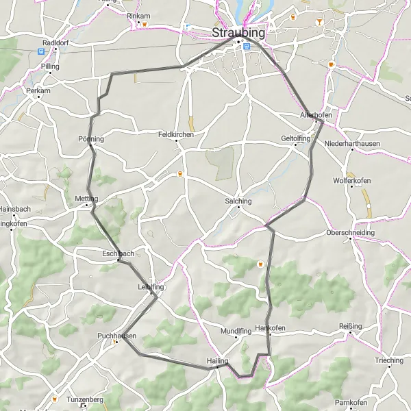 Map miniature of "Aiterhofen Road Trip" cycling inspiration in Niederbayern, Germany. Generated by Tarmacs.app cycling route planner