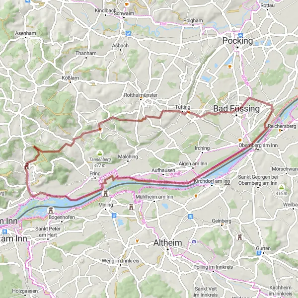 Karten-Miniaturansicht der Radinspiration "Aufregende Schotterwege um Stubenberg" in Niederbayern, Germany. Erstellt vom Tarmacs.app-Routenplaner für Radtouren
