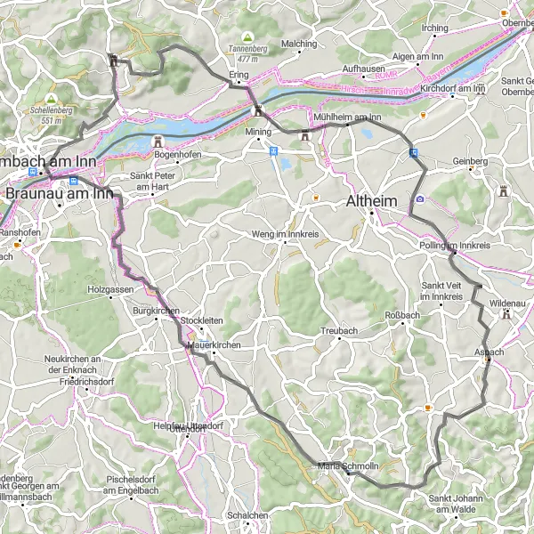 Karten-Miniaturansicht der Radinspiration "Innschleifen Tour" in Niederbayern, Germany. Erstellt vom Tarmacs.app-Routenplaner für Radtouren