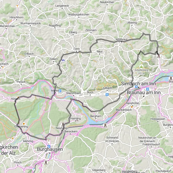 Karten-Miniaturansicht der Radinspiration "Inntal Straßentour" in Niederbayern, Germany. Erstellt vom Tarmacs.app-Routenplaner für Radtouren
