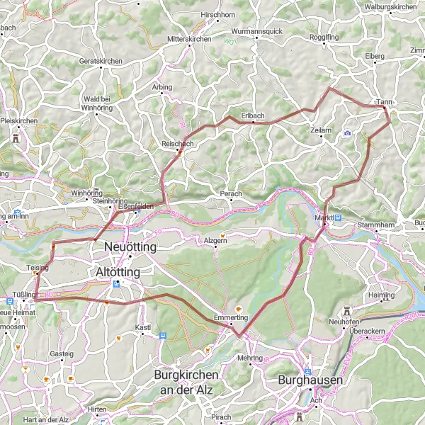 Karten-Miniaturansicht der Radinspiration "Marktl-Emmerting-Tüßling-Radtour" in Niederbayern, Germany. Erstellt vom Tarmacs.app-Routenplaner für Radtouren