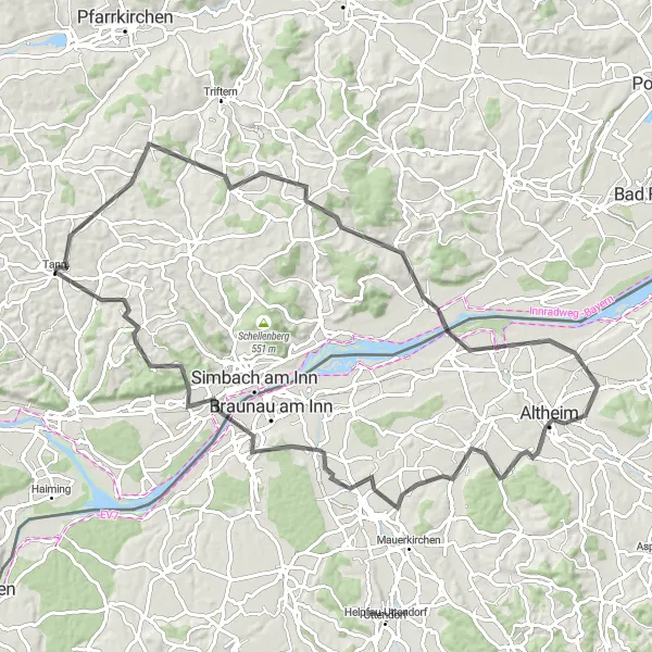 Karten-Miniaturansicht der Radinspiration "Innradweg und Salzachradweg" in Niederbayern, Germany. Erstellt vom Tarmacs.app-Routenplaner für Radtouren