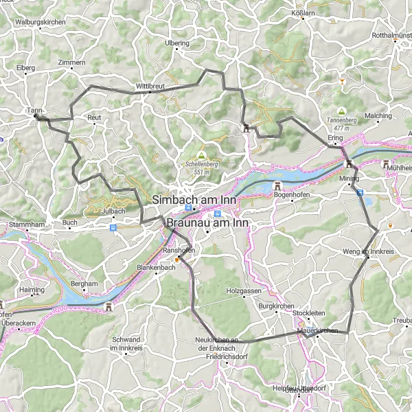 Karten-Miniaturansicht der Radinspiration "Rundweg durch Wittibreut und Ering" in Niederbayern, Germany. Erstellt vom Tarmacs.app-Routenplaner für Radtouren