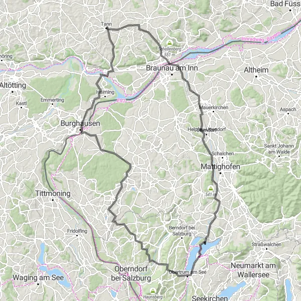 Karten-Miniaturansicht der Radinspiration "Simbach am Inn-Helpfau-Uttendorf-Jeging-Radtour" in Niederbayern, Germany. Erstellt vom Tarmacs.app-Routenplaner für Radtouren