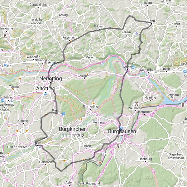 Karten-Miniaturansicht der Radinspiration "Marktl-Burghausen-Radtour" in Niederbayern, Germany. Erstellt vom Tarmacs.app-Routenplaner für Radtouren