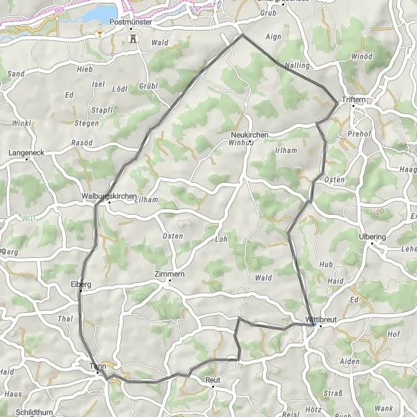 Karten-Miniaturansicht der Radinspiration "Tann und Umgebung Rundtour" in Niederbayern, Germany. Erstellt vom Tarmacs.app-Routenplaner für Radtouren