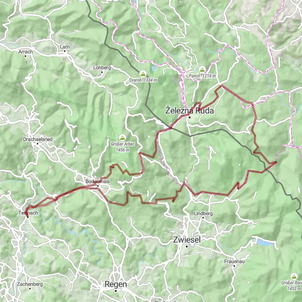 Map miniature of "Through the Forests and Mountains of Niederbayern" cycling inspiration in Niederbayern, Germany. Generated by Tarmacs.app cycling route planner