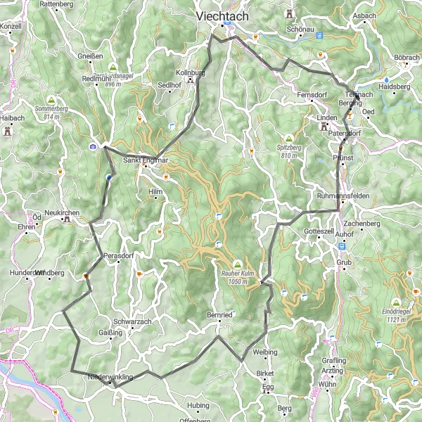 Map miniature of "Scenic Delights of Patersdorf and Sankt Englmar" cycling inspiration in Niederbayern, Germany. Generated by Tarmacs.app cycling route planner