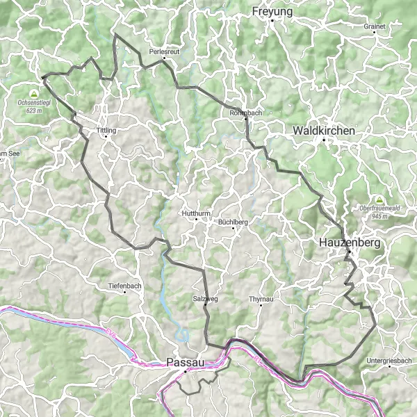 Map miniature of "Discovering Hauzenberg" cycling inspiration in Niederbayern, Germany. Generated by Tarmacs.app cycling route planner