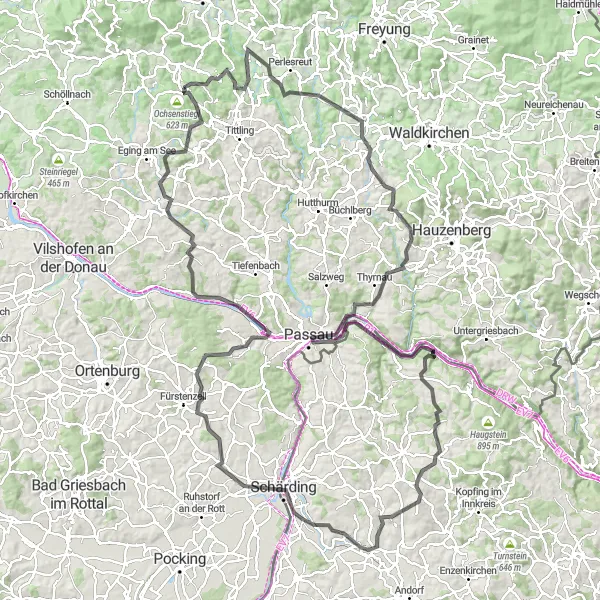 Karten-Miniaturansicht der Radinspiration "Eindrucksvolle Burgen und Panoramablicke" in Niederbayern, Germany. Erstellt vom Tarmacs.app-Routenplaner für Radtouren