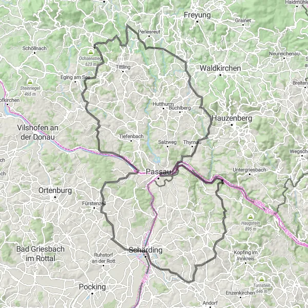 Map miniature of "Road Cycling Adventure towards Passau" cycling inspiration in Niederbayern, Germany. Generated by Tarmacs.app cycling route planner