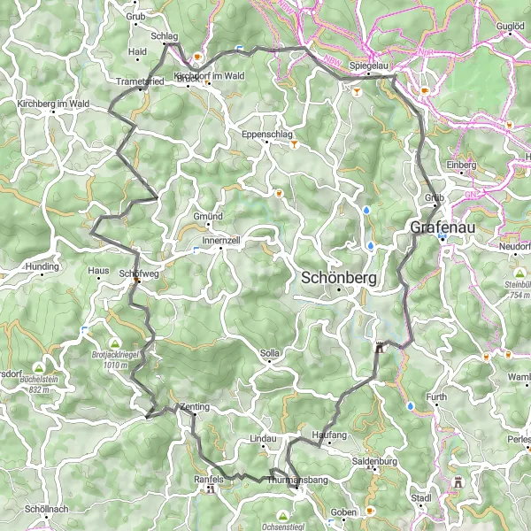 Map miniature of "Bavarian Hills and Forests" cycling inspiration in Niederbayern, Germany. Generated by Tarmacs.app cycling route planner