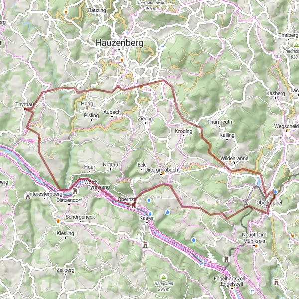 Karten-Miniaturansicht der Radinspiration "Graveltour rund um Thyrnau" in Niederbayern, Germany. Erstellt vom Tarmacs.app-Routenplaner für Radtouren