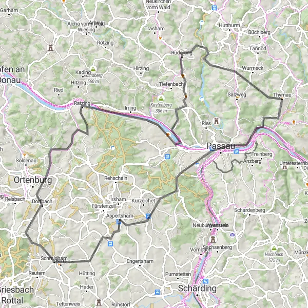 Map miniature of "Road to Passau" cycling inspiration in Niederbayern, Germany. Generated by Tarmacs.app cycling route planner