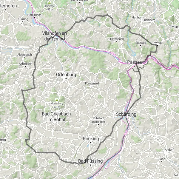 Karten-Miniaturansicht der Radinspiration "Rund um Passau und Bad Birnbach" in Niederbayern, Germany. Erstellt vom Tarmacs.app-Routenplaner für Radtouren