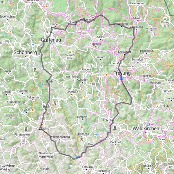 Map miniature of "Scenic Road Escape" cycling inspiration in Niederbayern, Germany. Generated by Tarmacs.app cycling route planner