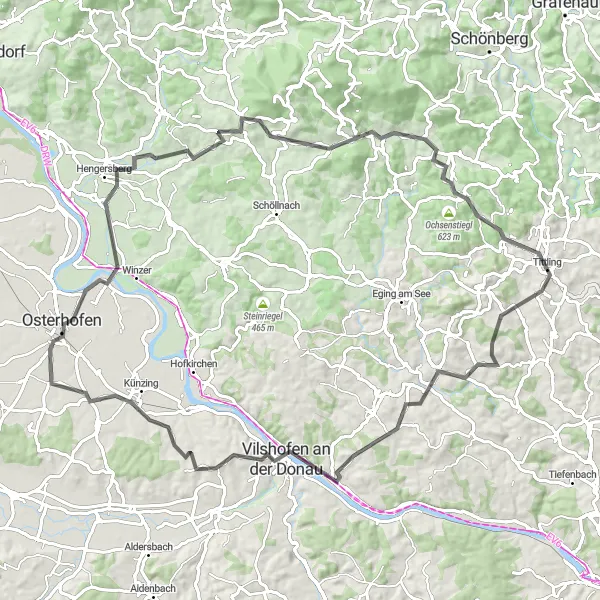 Map miniature of "Cultural Road Encounter" cycling inspiration in Niederbayern, Germany. Generated by Tarmacs.app cycling route planner