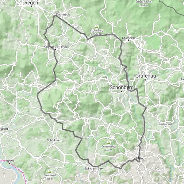 Karten-Miniaturansicht der Radinspiration "Herausfordernde Fahrt zu Fürstenstein und Glockenberg" in Niederbayern, Germany. Erstellt vom Tarmacs.app-Routenplaner für Radtouren