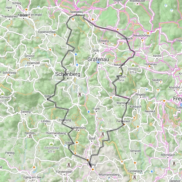 Karten-Miniaturansicht der Radinspiration "Radweg durch Schönberg und Spiegelau" in Niederbayern, Germany. Erstellt vom Tarmacs.app-Routenplaner für Radtouren