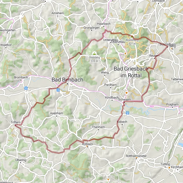 Map miniature of "The Rottal Valley Adventure" cycling inspiration in Niederbayern, Germany. Generated by Tarmacs.app cycling route planner