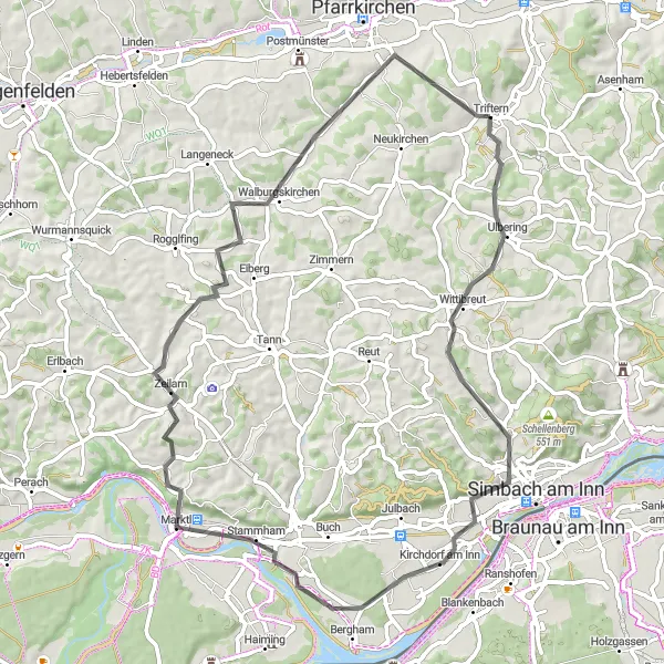 Map miniature of "Scenic Tour through Marktl" cycling inspiration in Niederbayern, Germany. Generated by Tarmacs.app cycling route planner