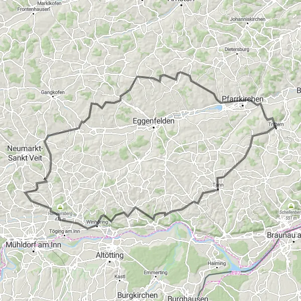 Karten-Miniaturansicht der Radinspiration "Panorama-Rundtour nach Pfarrkirchen" in Niederbayern, Germany. Erstellt vom Tarmacs.app-Routenplaner für Radtouren