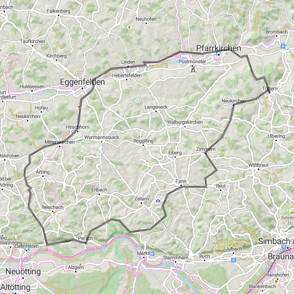 Map miniature of "Serene Route to Postmünster" cycling inspiration in Niederbayern, Germany. Generated by Tarmacs.app cycling route planner