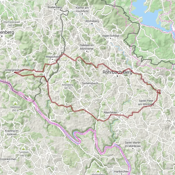 Map miniature of "Untergriesbach Gravel Adventure" cycling inspiration in Niederbayern, Germany. Generated by Tarmacs.app cycling route planner