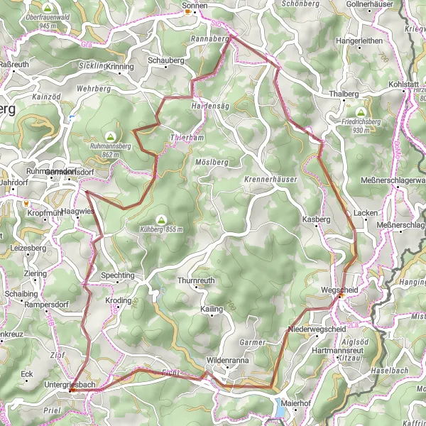 Map miniature of "Untergriesbach Short Gravel Loop" cycling inspiration in Niederbayern, Germany. Generated by Tarmacs.app cycling route planner