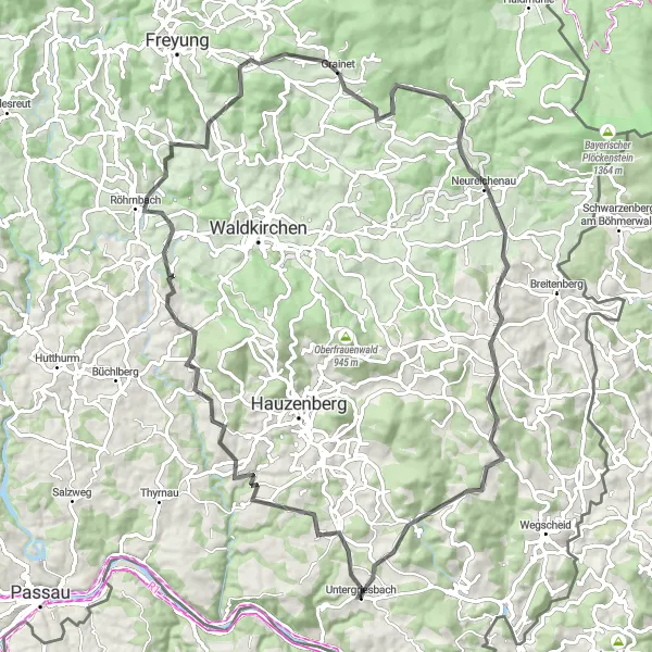 Map miniature of "Untergriesbach Road Loop" cycling inspiration in Niederbayern, Germany. Generated by Tarmacs.app cycling route planner