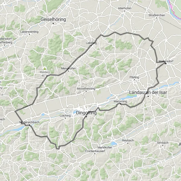 Karten-Miniaturansicht der Radinspiration "Rundtour von Wallersdorf durch das Isar-Donau-Hügelland" in Niederbayern, Germany. Erstellt vom Tarmacs.app-Routenplaner für Radtouren