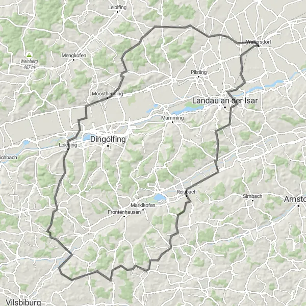 Karten-Miniaturansicht der Radinspiration "Von Wallersdorf durch die Hügel von Niederbayern" in Niederbayern, Germany. Erstellt vom Tarmacs.app-Routenplaner für Radtouren