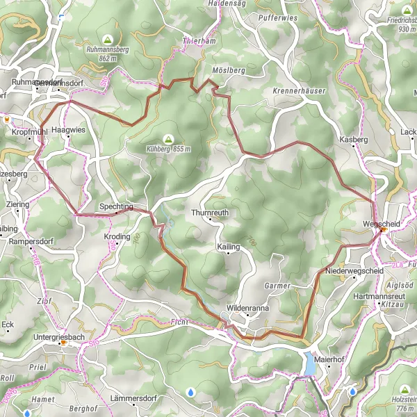 Map miniature of "Wegscheid to Kropfmühl Gravel Cycling Route" cycling inspiration in Niederbayern, Germany. Generated by Tarmacs.app cycling route planner