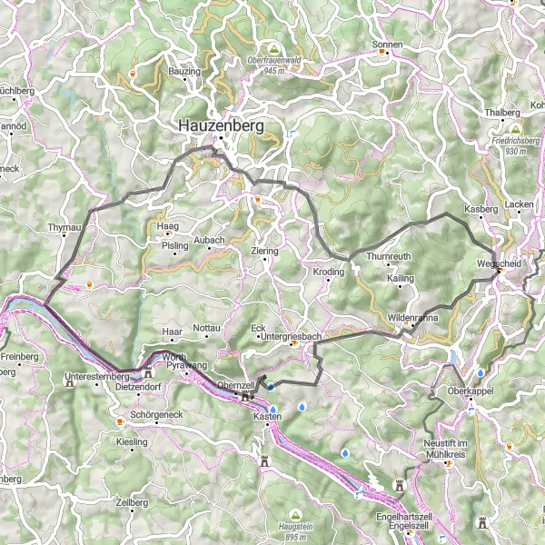 Map miniature of "Wegscheid to Burg Krempelstein Road Cycling Route" cycling inspiration in Niederbayern, Germany. Generated by Tarmacs.app cycling route planner