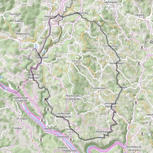 Map miniature of "Wegscheid-Lembach Circular Road Cycling Route" cycling inspiration in Niederbayern, Germany. Generated by Tarmacs.app cycling route planner